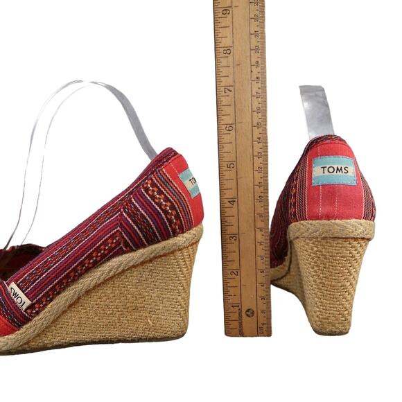 Toms Shoes Womens 8 Wedge Sandal Casuall Fashion Calypso Espadrille Red Peep Toe - Picture 6 of 14